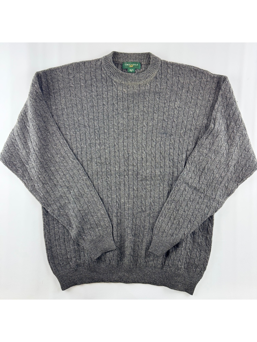 Vintage Crocodile Men’s Cable Knit Sweater Gray 100% Lambswool Size EL